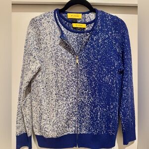 St. John Blue and Cream Ombré Patterned Knit Sweater Twin Set